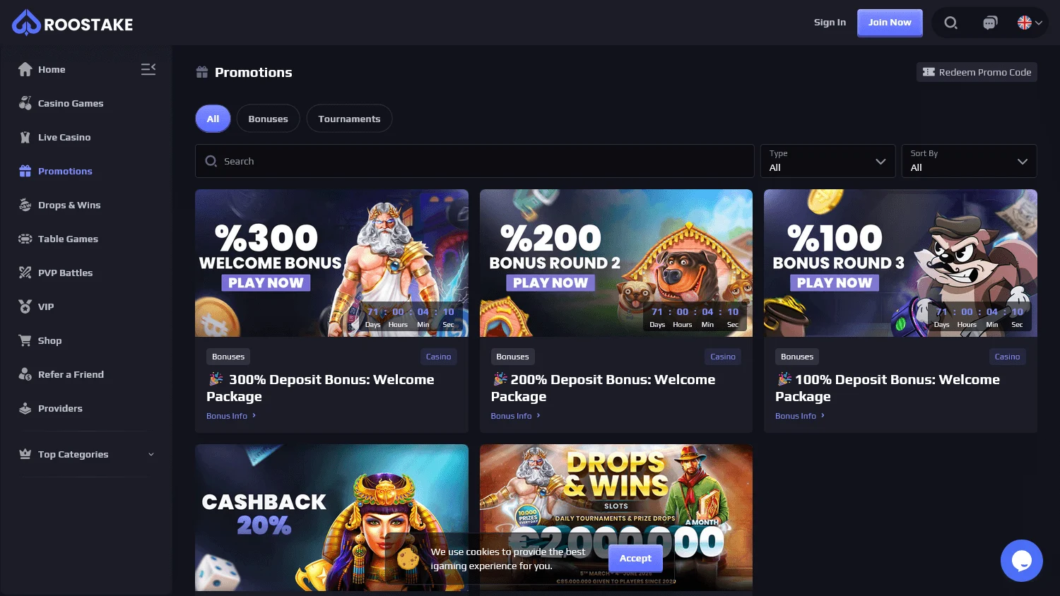 Roostake Casino desktop promotions area with welcome offers and free spins