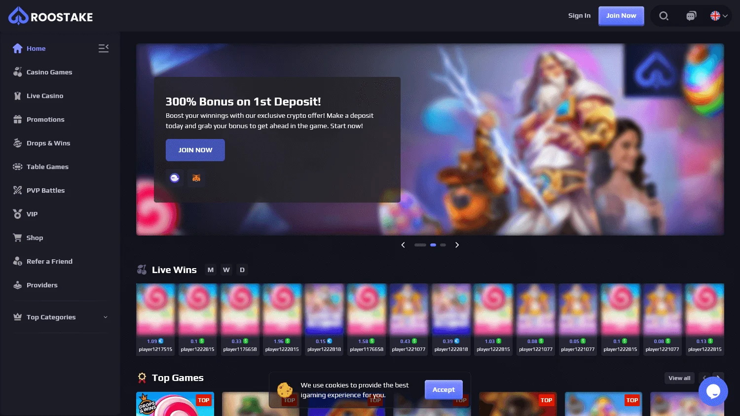 Roostake Casino home screen with casino promotions, games and account options on desktop