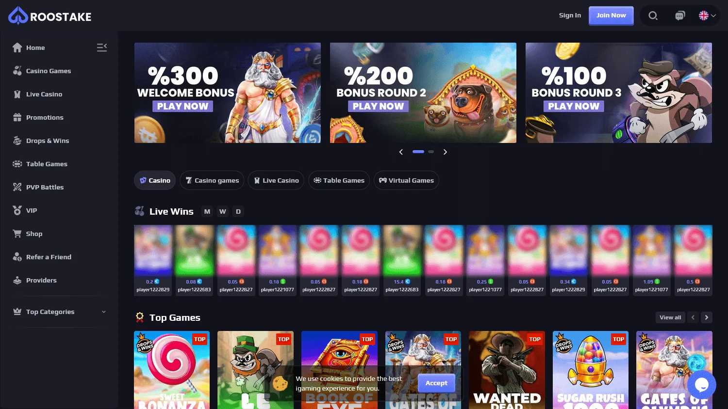 Roostake Casino desktop games area with casino categories and game titles